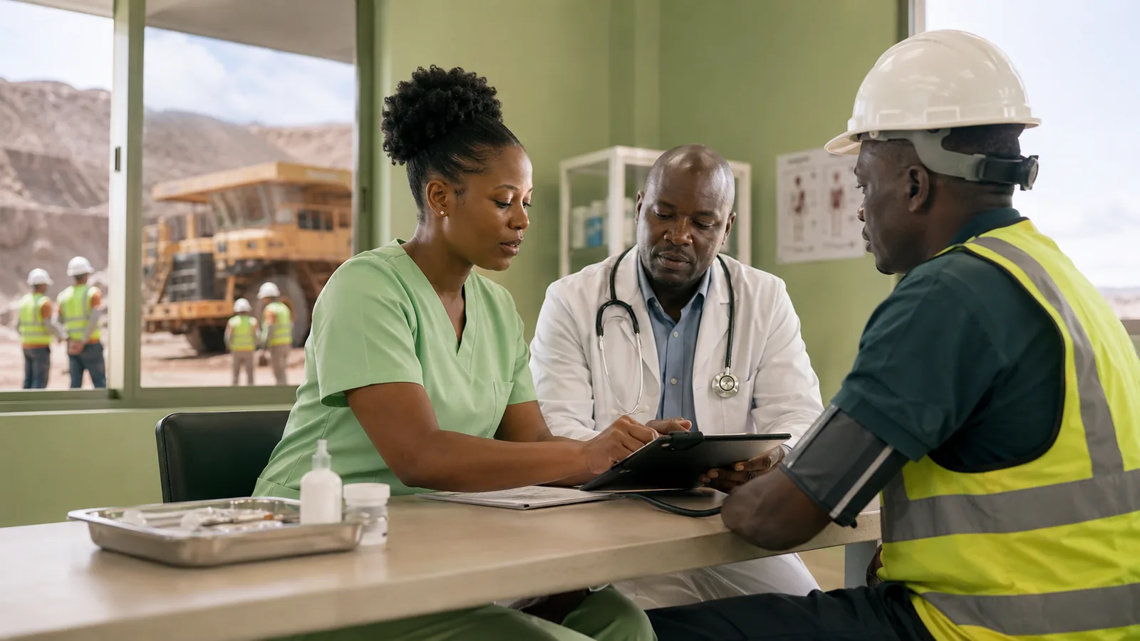 A healthcare professional conducting a workplace medical assessment