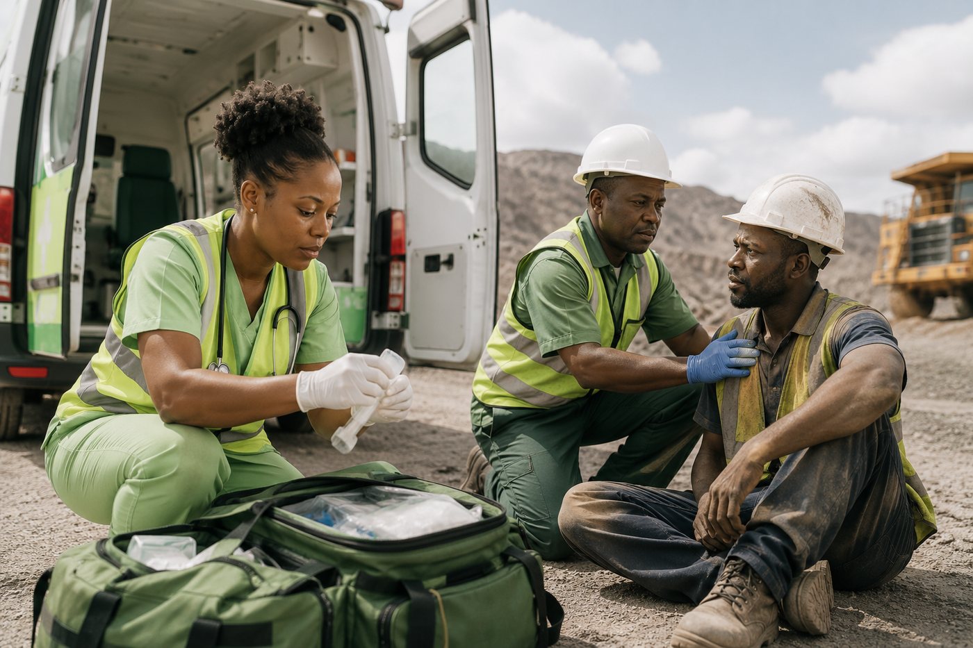 Emergency response team supporting an injured industrial worker