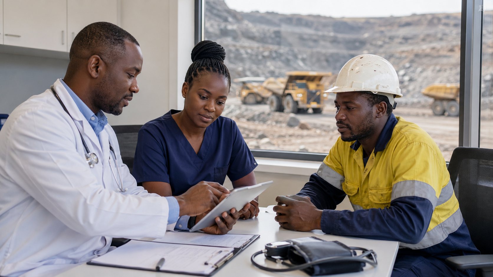 Occupational health clinicians consulting with an industrial worker in an onsite clinic