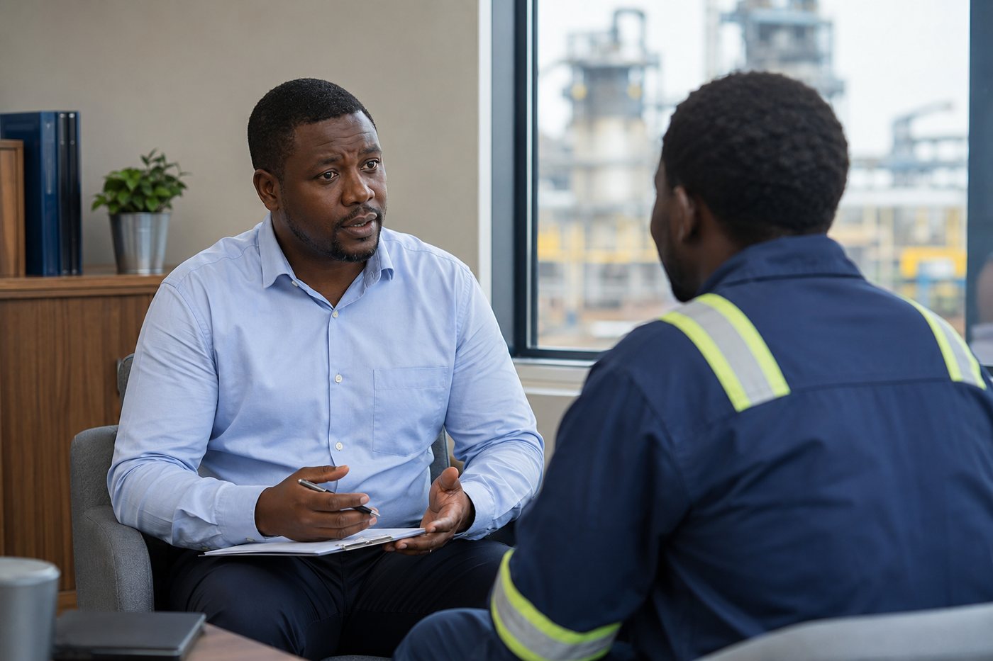Confidential workforce mental health consultation with an industrial worker