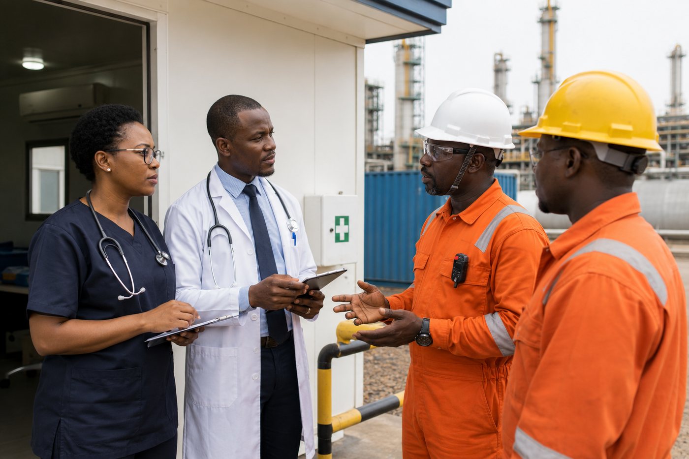 Oil and gas workers receiving medical briefing