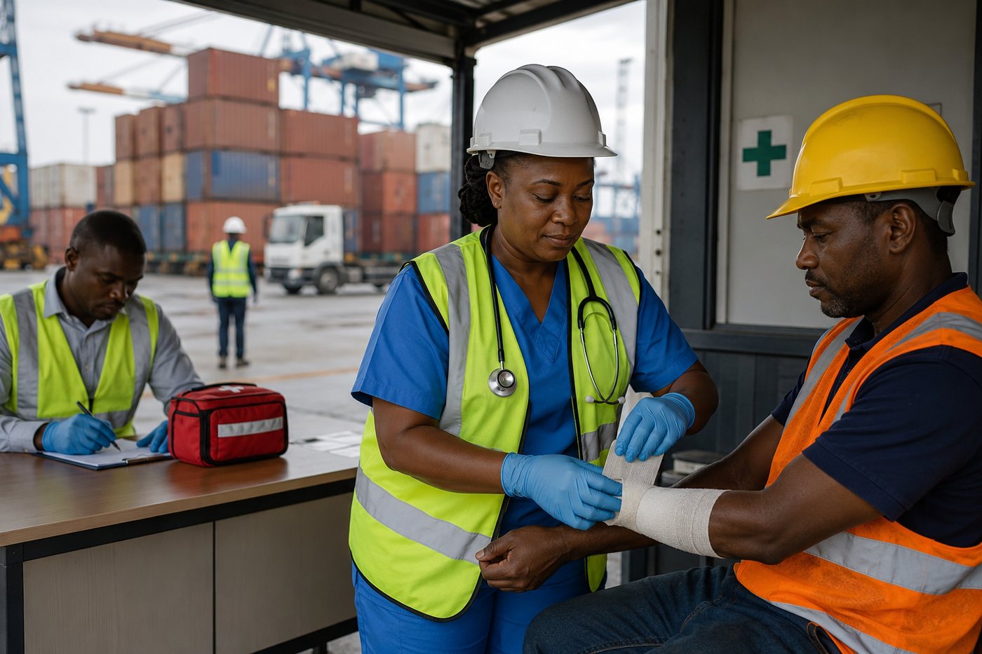 Port worker receiving workplace medical support